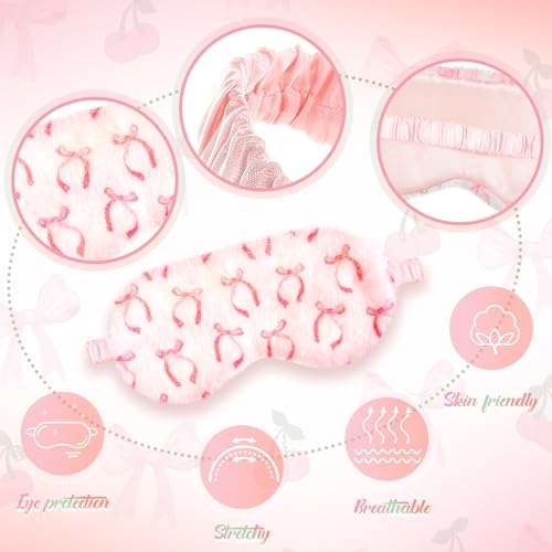 Cuffbow 6 Pack Plush Sleep Mask Set, Cute Plush Eye Masks for Sleeping, Soft Comfortable Travel Nap Blindfold, Sleepover Party Favors for Women(Bow,Pink)