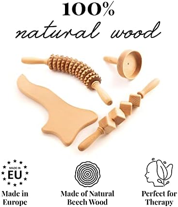 Tuuli Accessories - 4-Piece Wooden Massager Set, Includes Muscle Roller, Cellulite Massage Cup and Lymphatic Drainage Tool, Helps Ease Muscle Tension and Support Skin Health
