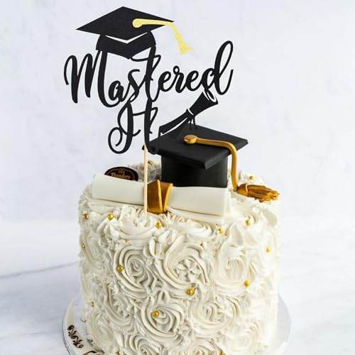 Arthsdite 1Pc Mastered It Cake Topper, College Grad, Class of 2026, Congratulations MBA Graduation Party Decorations Supplies - Black Glitter