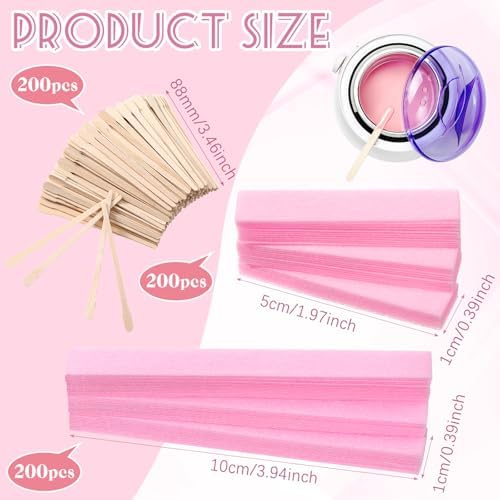 Leelosp 600 Pcs Waxing Kit Includes 400 Wax Paper Cloth Eyebrow Strips and 200 Wooden Smooth Applicator Sticks for Body Skin Hair Removal(Pink)