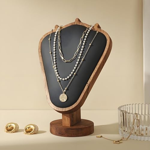 Walnut Color Body Wood Necklace Display Stand with Black Leather Soft Mat Necklace Holder Organizer Desktop Stand for Home Store Dresser-3.3"x5.8"x8.4"