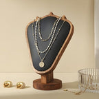 Walnut Color Body Wood Necklace Display Stand with Black Leather Soft Mat Necklace Holder Organizer Desktop Stand for Home Store Dresser-3.3"x5.8"x8.4"