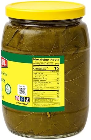 TAZAH California Style Turkish Grape Leaves in Jar – Vegan & Vegetarian – Perfect for Dolmas (Stuffed Grape Leaves) – Tender & Delicious – Net 32oz (Drained 16oz)
