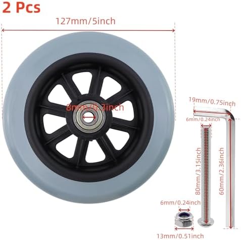 5 Inch Rubber Wheelchair Replacement Front Wheels, 2 Pcs Replacement Wheelchair Front Wheels with Screw Accessories for Wheelchairs, Rollators, Walkers (Black and Gray)