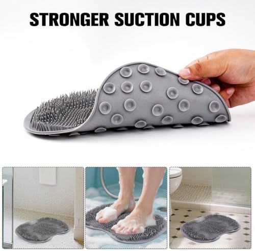 Grey Shower Foot Scrubber Mat Back Washer Exfoliating Bath Wash Pad Wall Mounted Non-Slip Suction Cup