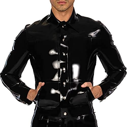 Black Sexy Short Latex Jacket with Buttons, Front Pockets and Turn-Down Collar, Rubber Coat,Transparent Purple,M