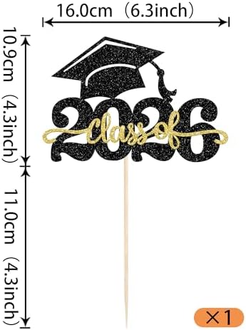 1 Pack Class of 2026 Cake Topper Glitter Congrats Grad Cap 2026 Graduation Cake Pick for 2026 Graduation Theme High School Boys Girls Graduate Party Cake Decorations Supplies Black Gold