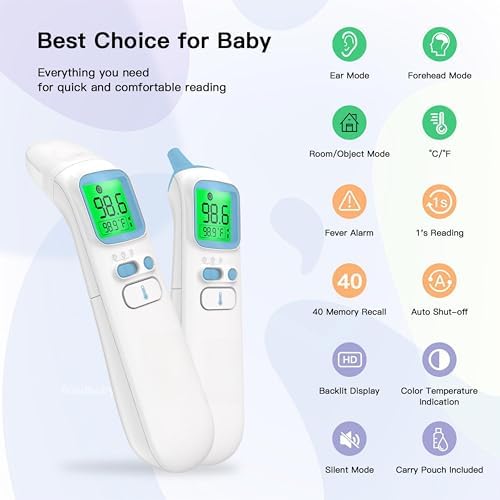 Ear and Forehead Thermometer for Adults, 3-in-1 Infrared Digital Thermometer for Kids and Baby, Accurate 1 Second Reading, Fever Alert, Backlit Display and Storage Pouch