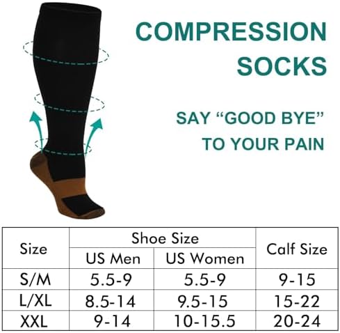 Double Couple 7 Pairs Copper Compression Socks for Men Women 20-30 mmHg Knee High Stockings Best Support for Sports