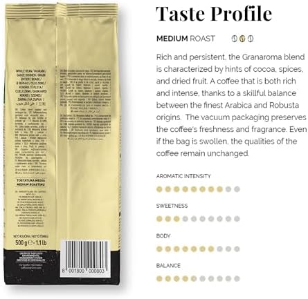 Caffe Vergnano 1882 Gran Aroma Whole Bean Arabica Medium Espresso Roast Coffee, 1.1lbs Bag - Italian Coffee Beans with Rich notes of Cocoa, Spices & Dried Fruit, Intensity 8/10-500g Bag