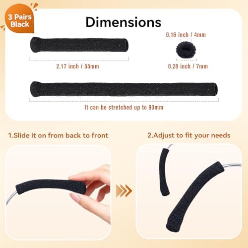 Upgraded Glasses Ear Cushion - Soft Knitted Cotton, Non-Slip Plush Elastic Eyeglass Temple Sleeves, Relieves Ear Soreness, Glasses Grips Provide All-Day Comfort for Most Eyeglasses (3 Pairs)
