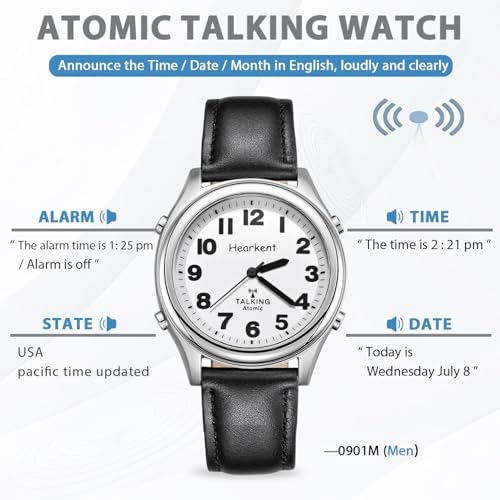 Hearkent Atomic American English Talking Watch Speaks Clear and Loud Time, Date and Alarm time Stretch Band is Best Gift for Senior,Visually impaired, or Blind People