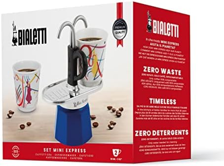 Bialetti - Mini Express Kandinsky: Moka Set includes Coffee Maker 2-Cups (2.8 Oz) + 2 shot glasses, Light Blue, Aluminum