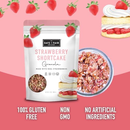 Safe + Fair Strawberry Shortcake Granola – Gluten-Free, Dairy-Free & Vegan Snack – Allergen-Free, Non-GMO, and No Artificial Ingredients - 12oz