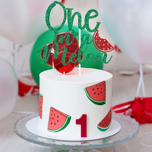Green Glitter One in a Melon Cake Topper, Summer Watermelon One Cake Décor, Watermelon Baby's 1st Birthday Party Decorations