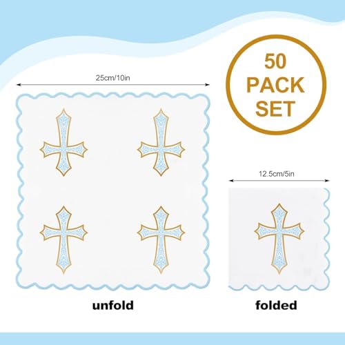 Crtiin 50 Pack Blue Cross Pattern Paper Napkins 3 Ply 5 x 5 in Baptism Disposable Cocktail Napkins with Scalloped Edges for Christening Religious, First Communion, Newborn Baby Shower Party Supplies