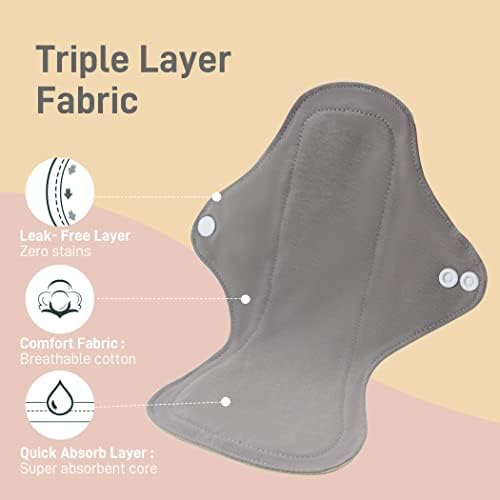 Langsprit Cotton Reusable Period Pads for Women, Washable Pads Menstrual, Regular Absorbency Cotton Cloth Menstrual Pads 3pcs Set with Mini Wet Bag, Suitable for Menstrual Period