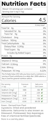 SaltWise Salicornia Green Salt – 50% Less Sodium, Plant-Based Salt Substitute, 100% Dehydrated Salicornia, Natural Umami, No additives (7.05 oz / 200g)