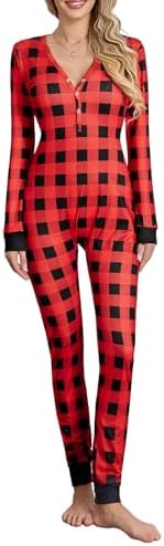 LYSINK Women's Sexy Bodycon Jumpsuit One Piece Pajamas Butt Button Back Flap V Neck Romper Bodycon Bodysuit Sleepwear