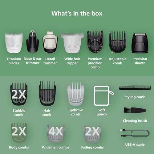 Norelco Philips All-in-One Series 7000 23-Piece Trimmer - Electric Shaver and Clipper for Face, Beard, Head & Body, Self-Sharpening Titanium Blades, 26 Length Settings (0.5-16 mm), MG7970/49