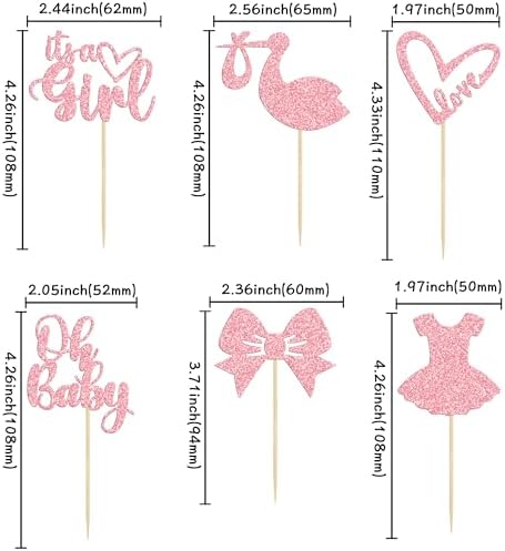 Gyufise 36 Pack Oh Baby Cupcake Toppers It's a Girl Cupcake Toppers with Bow Dress Love Heart Pink Glitter Cake Picks Decorations for Baby Shower Girl Birthday Party Supplies