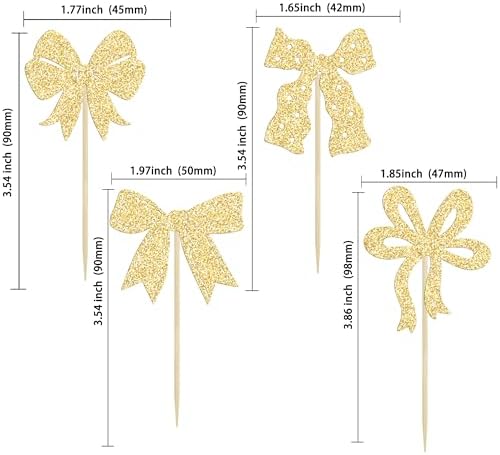 Ephlyn 24 Pcs Gold Bow Cupcake Toppers for Birthday, Baby Shower, Bridal Shower, Wedding, Bachelorette Party