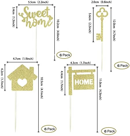 24 PCS Gold Glitter Sweet Home key Cupcake Toppers Picks for Housewarming New Home Theme Party Cake Decorations Supplies