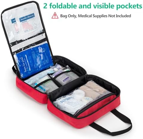 CURMIO Small First Aid Bag, Empty Emergency Trauma Kit Organizer Bag for Hiking, Camping, Car, Travel, Home and Outdoor, Red, BAG ONLY, Patent Pending