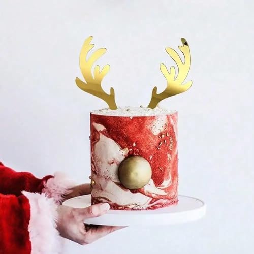 Deer Cake Topper,Acrylic Gold Antler Happy Birthday Cake Topper for Kids Boy Girl Men Happy Birthday Party Supplies