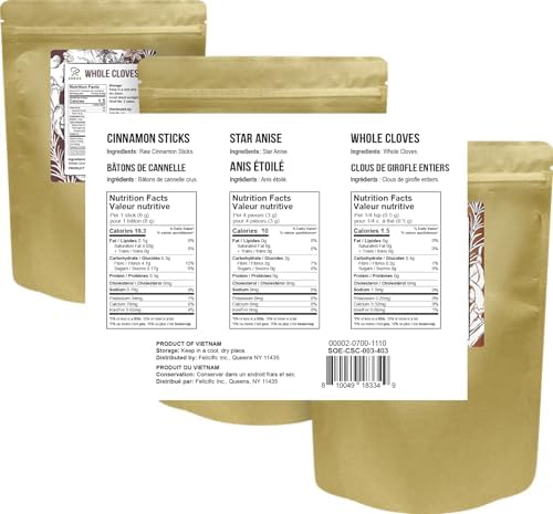 Soeos Cinnamon Sticks Bulk + Star Anise Whole + Whole Cloves Bulk, 4oz Each, All Natural, No Preservative, Starter Spice Set, Perfect Refill for Kitchen Spices