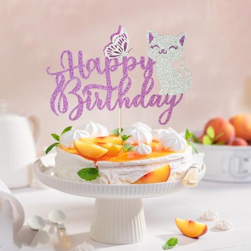 Cat Cake Topper, 3D Butterfly Kitten Pet Themed Birthday Cake Topper, Happy Birthday Cake Decor, Animal Theme, Baby Shower Cake Decor(3D Cat)