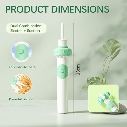 Electric Ear Wax Removal Tool with Vibration Suction, Ear Wax Vacuum Cleaner, Soft Silicone Spoon with 2 Washable Replaceable Tips Ear Cleaning for Family, Portable Case,Aqua Green