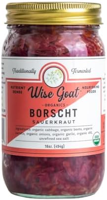 Raw Organic Fermented Unpasteurized Sauerkraut, “Borscht” Variety [Vegan, Gluten Free, Non-GMO, Probiotic] 16 oz Glass Jar by Wise Goat Organics