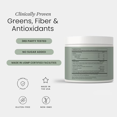 Perelel Synbiotic Greens Powder, Superfood Blend with Fruits, Vegetables, Probiotics, Fiber, Spirulina & Chlorella, Daily Greens Supplement, Soy & Gluten Free, Non GMO, Acai Berry Flavor, 30 Servings