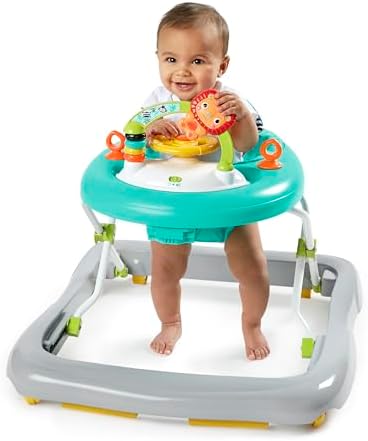 Bright Starts Zig Zag Zebra Baby Walker with Steering Wheel, Lights & Songs, Easy Fold Frame for Storage, Height Adjustable, Ages 6 Months +