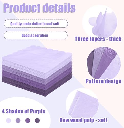 SietDESEO 48 Pieces 3-ply Gradient Purple Napkins Disposable Folded 5 x 5 Inches Scalloped Cocktail Napkins Paper Napkins for Dinner Wedding Birthday Party Dessert Napkins