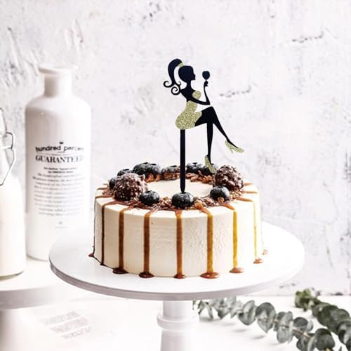 Lady Girl Cake Toppers Acrylic Black High Heels Personalised Cake Decorations for Birthday Bridal Engaged Wedding Party Dessert Baking Cake Decorations （Wine glass girl）