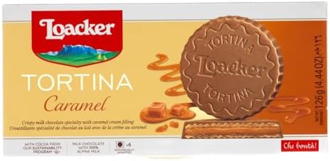 Loacker Tortina Caramel - Individually Wrapped Premium Milk Chocolate Enrobed Crispy Wafer Tartlets with Caramel Cream Filling - Pack of 12