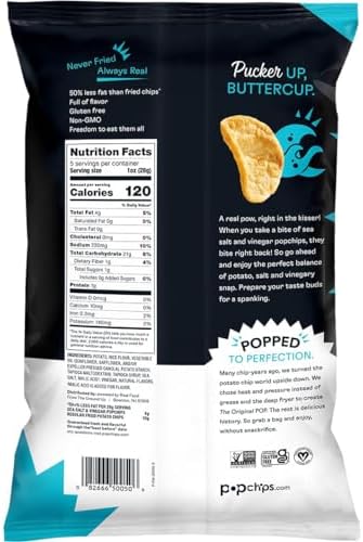 Popchips Potato Chips, Sea Salt & Vinegar, 5.0 oz. Share Bags, Low-Calorie, Gluten Free, Salty Snacks for Adults and Children, Non-GMO, Vegan & Kosher Friendly, 130 Calories Per Serving