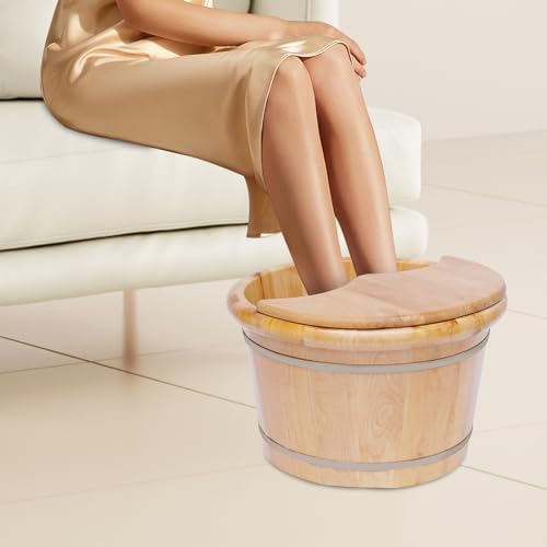 YIYIBYUS Cedar Wood Foot Bath Bucket with Lid & Massage Roller, 10.36 Lbs Wooden Foot Soaking Tub for Relaxation and Spa, Handmade Solid Wood Foot Basin with Galvanized Hoop, 30-Minute Heat Retention