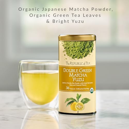 The Republic of Tea Organic Double Green Matcha Yuzu, Individual Tea Bags with Japanese Matcha Tea Powder and Green Tea Leaves Blend, Natural Unbleached Bags in Reusable Canister, 36 Tea Bags