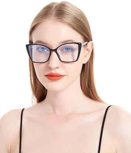 Blue Light Blocking Glasses for Women, Oversized Trendy Cat Eye Computer Gaming Glasses Anti Glare & UV Glare RF6204 (Black Cateye Frame)