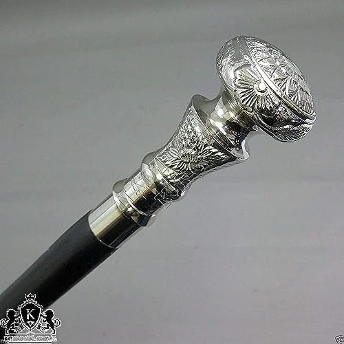 Vintage Antique Walking Cane Wooden Walking Stick Silver Brass Handle Knob Gift, 39 Inch, Black