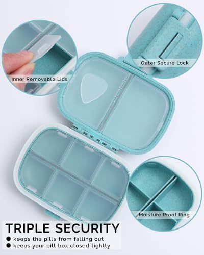 8 Compartments Travel Pill Organizer, Daily Pill Case Small Pill Box for Pocket Purse, Portable Pill Container Medicine Vitamin Organizer (Blue)