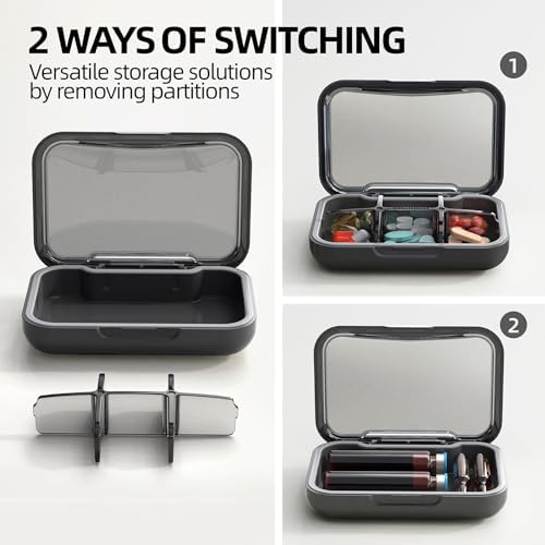 Portable Pill Box, Pill Organizer with 6 Compartments, Daily Medicine Pill Case, Pocket Size Pill Box for Travel, BPA Free Small Pill Container for Vitamins, Fish Oil, Supplements (Black)