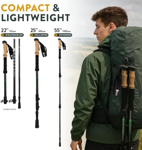 100% Carbon Fiber Trekking Poles by USA Brand - Ultra Strong Lightweight Collapsible Hiking Poles with Cork and EVA Foam Grips & Quick Adjustable Flip Locks