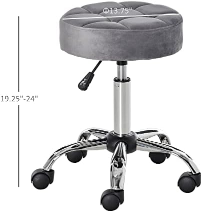 HOMCOM Round Rolling Stool with Height Adjustable Lift, Vanity Chair with Luxury Style Upholstery, Office Chair with Swivel Seat and Wheels for Work Spa Salon, Grey