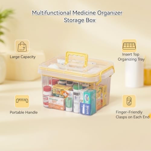 Pulseplay Clear Medicine Storage Box with Handle Portable Medicine Cabinet Organizer Multipurpose Plastic Storage Box with Removeable Tray for Home Office Travel Outdoor (Yellow)