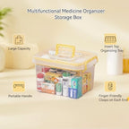 Pulseplay Clear Medicine Storage Box with Handle Portable Medicine Cabinet Organizer Multipurpose Plastic Storage Box with Removeable Tray for Home Office Travel Outdoor (Yellow)