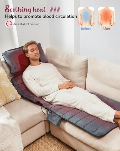Full Body Massage Mat with Heat, Independent Shiatsu Neck Massager Pillow, 10 Vibration Motors, 5 Modes & 3 Intensities, Foldable Back Massage Pad with 15-Min Auto Off for Home & Office